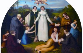 Historisches Gem&auml;lde mit einer Frau in Wei&szlig;, umgeben von Menschen in einer Landschaft. Zwei Engel schweben &uuml;ber ihr.