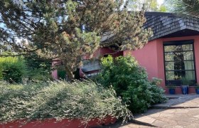 Ein modernes Haus mit roter Fassade, umgeben von B&auml;umen und Str&auml;uchern.