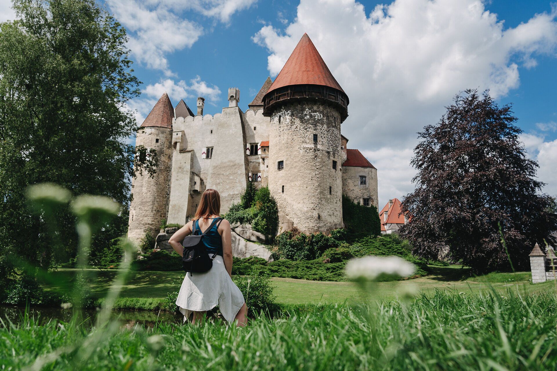 Die majestätische Burg Heidenreichstein thront eindrucksvoll über der sanften Landschaft, umgeben von üppigem Grün und blühenden Wiesen. Ein sanfter Wind weht durch die Bäume, während die Wolken am strahlend blauen Himmel vorbeiziehen und eine friedliche Atmosphäre schaffen, die zum Verweilen einlädt.