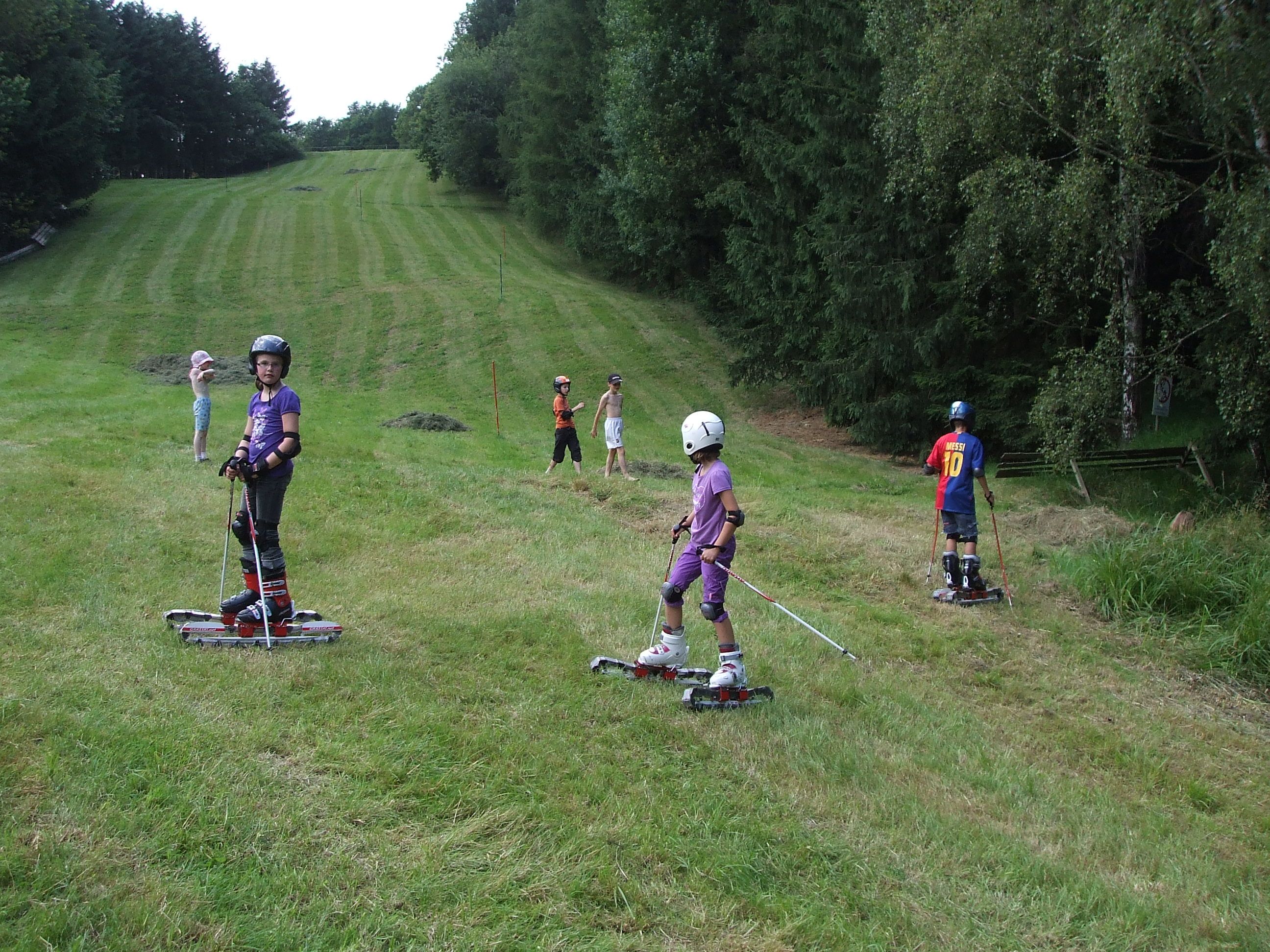 Kinder fahren mit Grasskiern auf einer Wiese.