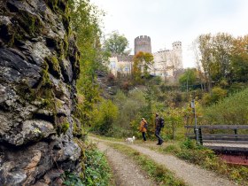 Ein malerischer Wanderweg f&uuml;hrt durch die &uuml;ppige Natur, umgeben von bunten Herbstbl&auml;ttern und sanften H&uuml;geln. Die majest&auml;tische Burg Hartenstein thront im Hintergrund und verleiht der Szenerie einen Hauch von Geschichte und Romantik. Ein perfekter Ort f&uuml;r Naturliebhaber und Geschichtsinteressierte, die die Sch&ouml;nheit der Landschaft genie&szlig;en m&ouml;chten.