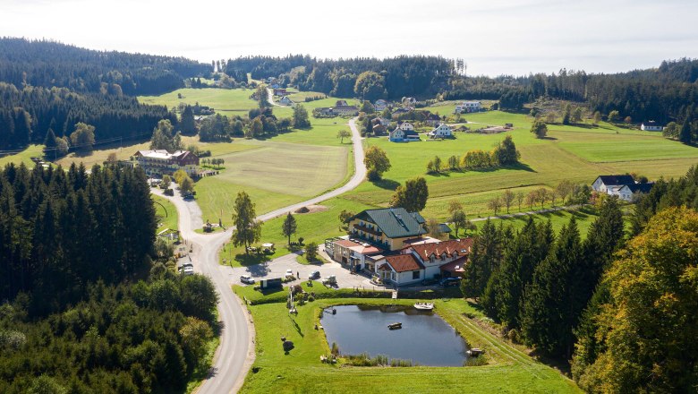 Luftaufnahme einer l&auml;ndlichen Landschaft mit W&auml;ldern, Wiesen und einem kleinen Teich in Hirschenwies.