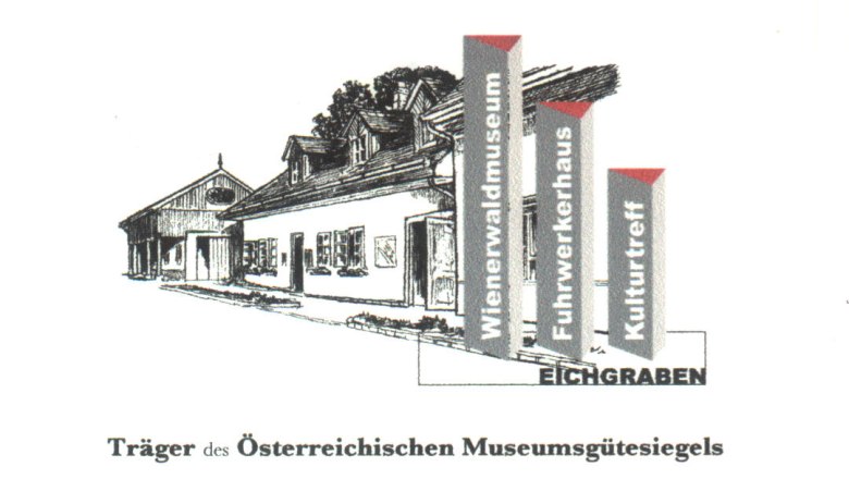 Illustration eines Geb&auml;udes mit Schildern f&uuml;r Wienerwaldmuseum, Fuhrwerkerhaus und Kulturtreff.