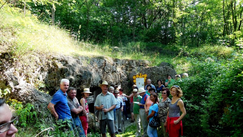 Gruppe von Menschen vor einer H&ouml;hle im Gr&uuml;nen.