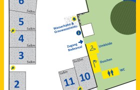 Lageplan Teich Stellplatze in Mautern, © Donaucamping Krems