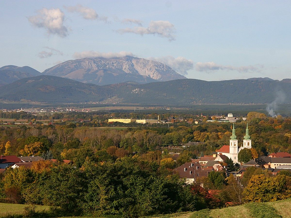 Panorama von Schwarzau am Steinfeld mit Kirche und Bergen im Hintergrund.