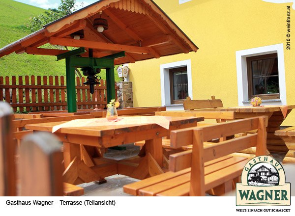 Holzterrasse mit Tischen und B&auml;nken beim Gasthaus Wagner.