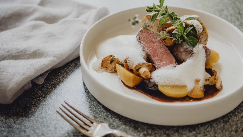 Gourmetgericht mit Rehfleisch, Serviettenkn&ouml;del, Pilzen und Schaum auf einem wei&szlig;en Teller.