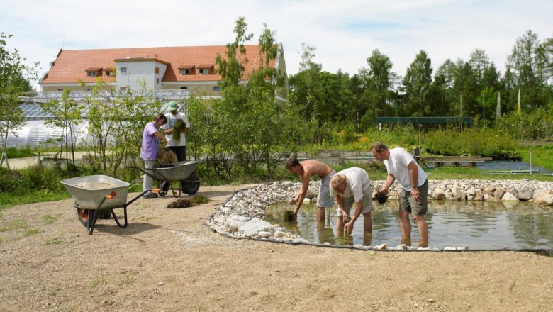 Menschen arbeiten an einem Teich in einem Garten mit Schubkarren und Pflanzen.