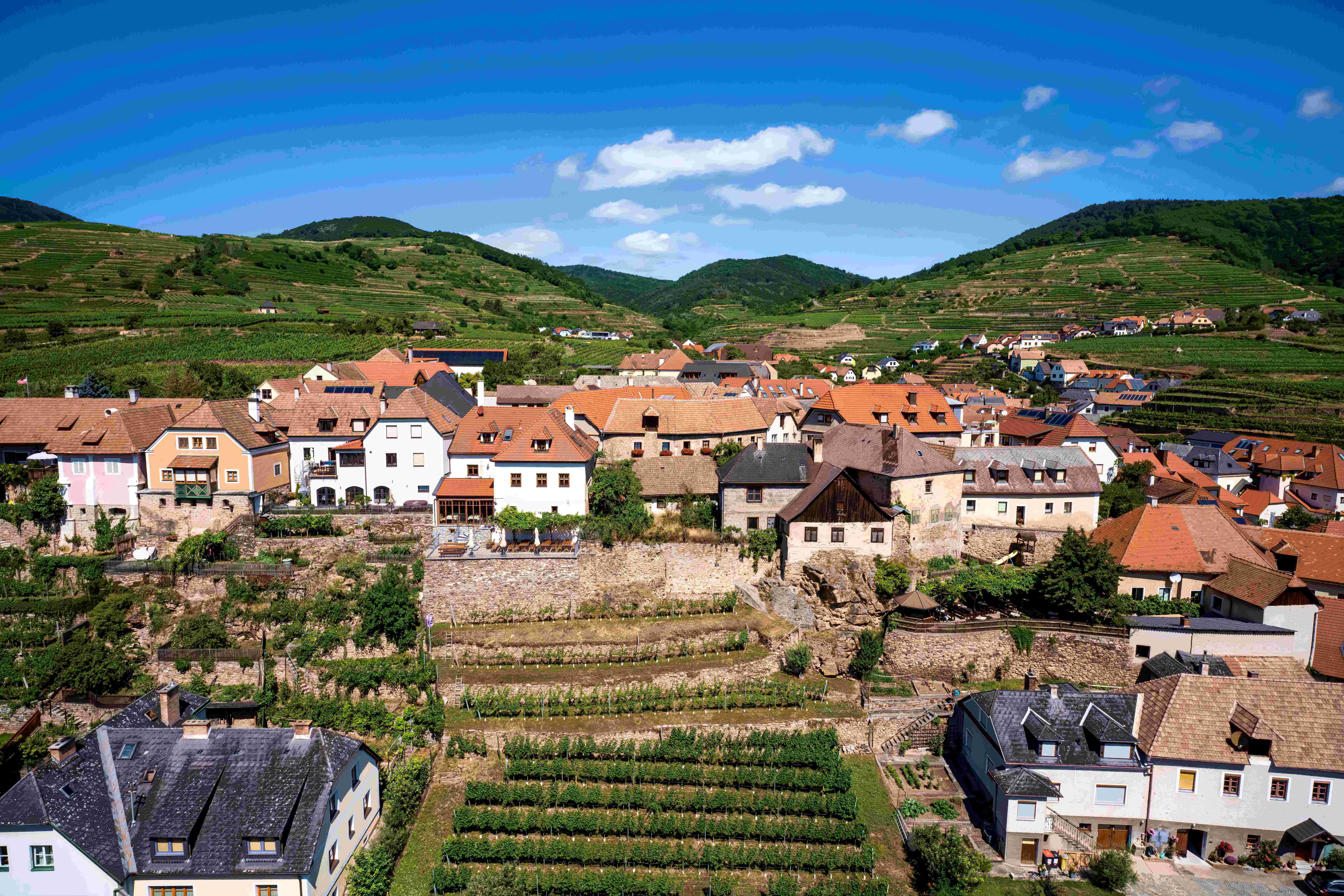 Ansicht von Weißenkirchen mit dem Ortsteil Burg mit zahlreichen Häusern, einem Weingärten und Hügeln im Hintergrund
