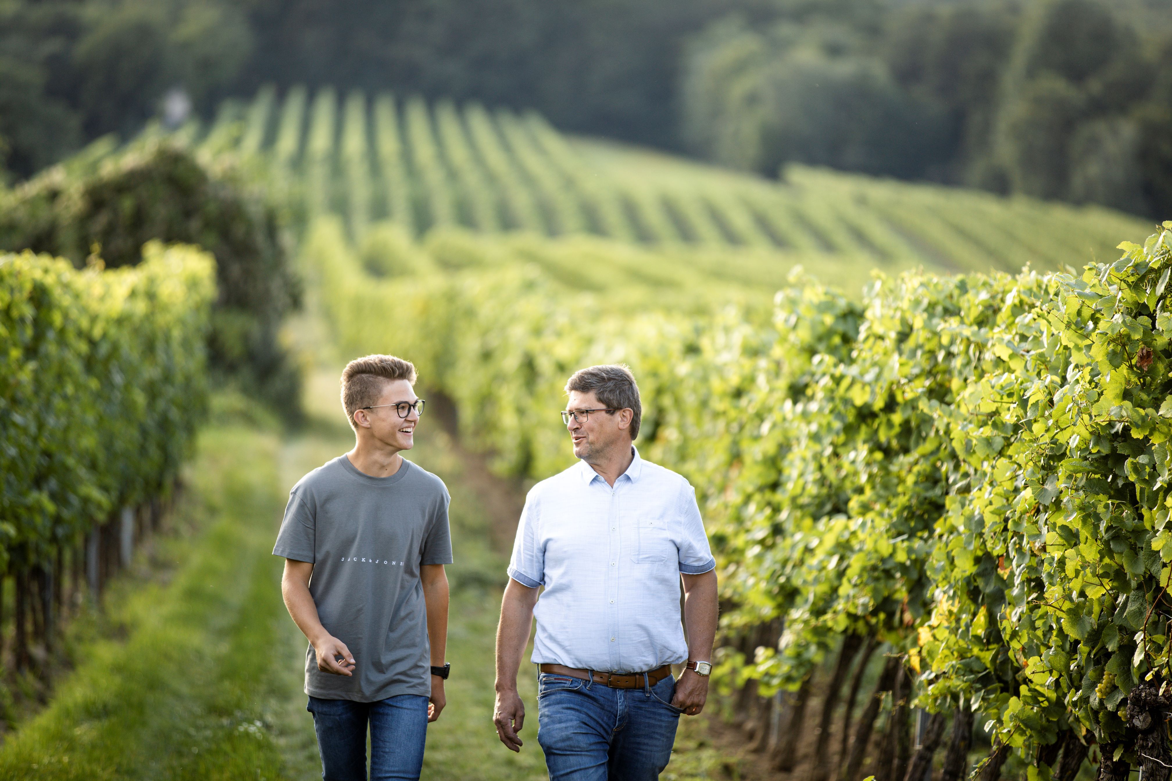Zwei Männer gehen lächelnd durch einen Weinberg.