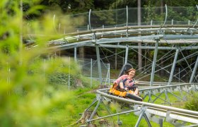 Eine Frau und ein Kind fahren lachend auf einer Sommerrodelbahn durch eine grüne Landschaft.