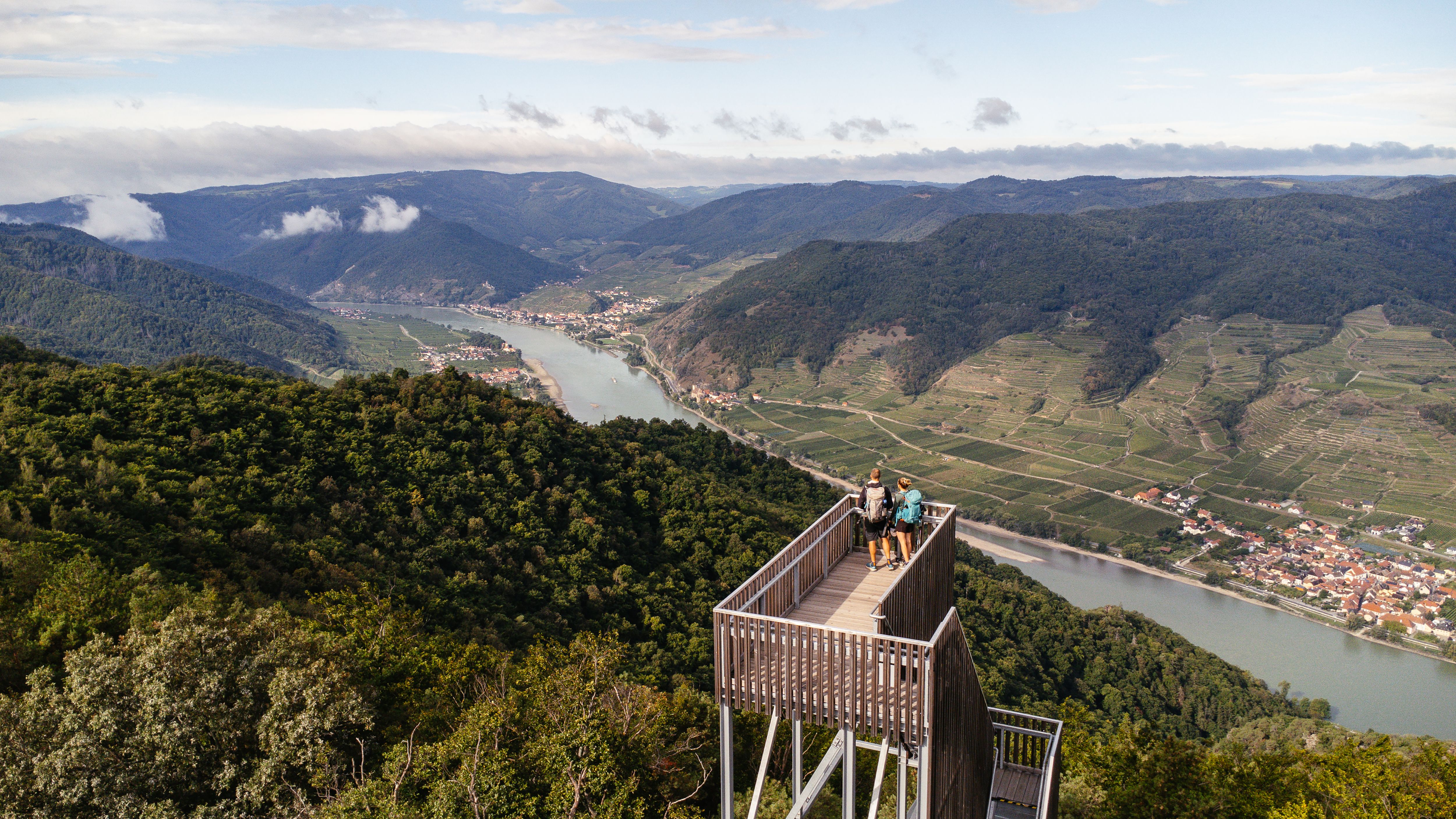 Aussichtsplattform mit Blick auf Fluss und Weinberge in einer grünen Landschaft.