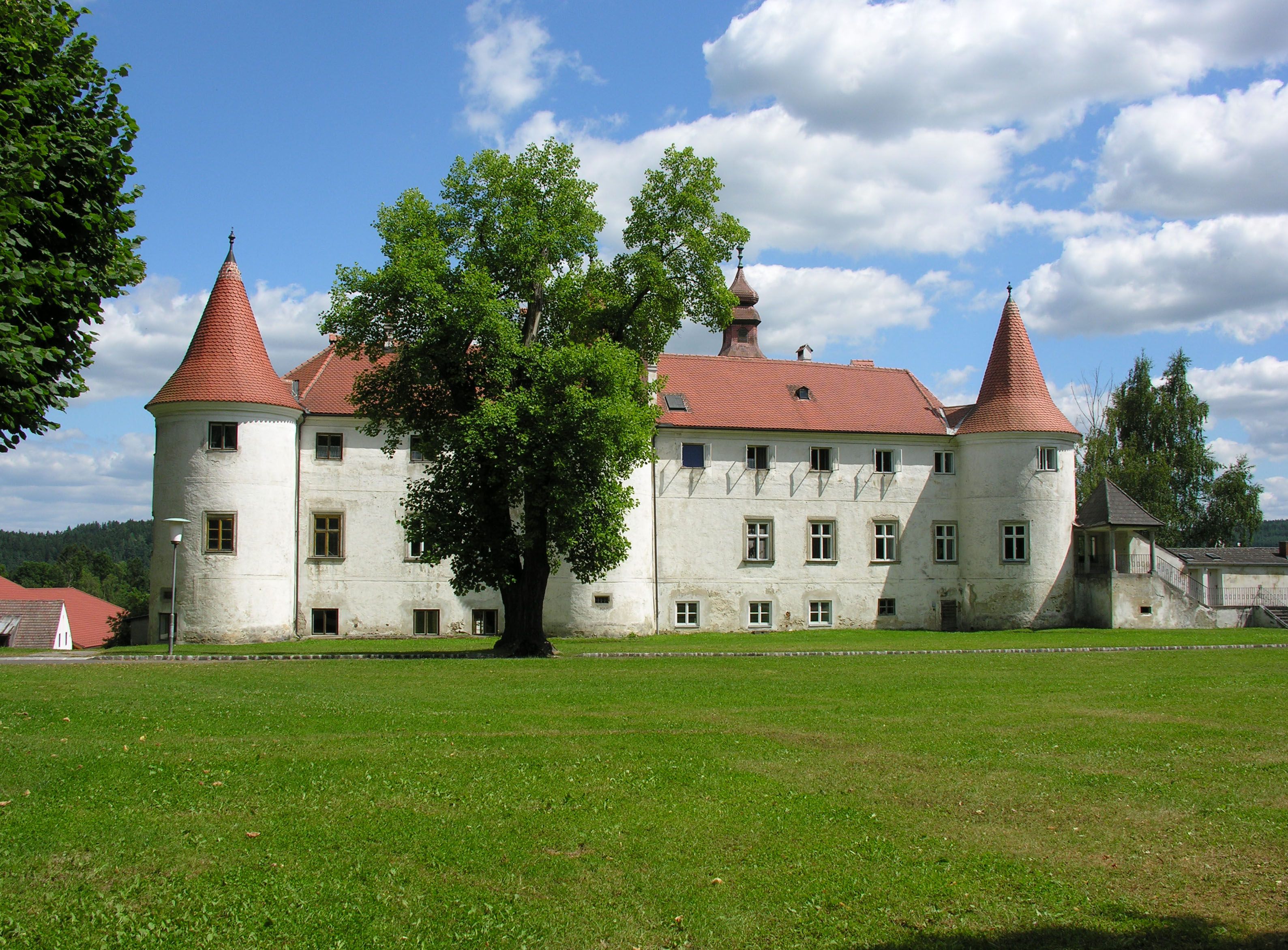 Ein historisches Schloss mit roten Dächern und Türmen, umgeben von grüner Wiese und Bäumen, unter einem blauen Himmel mit weißen Wolken.
