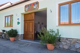 Eingang eines Gebäudes mit Holztür und Pflanzen in Töpfen.