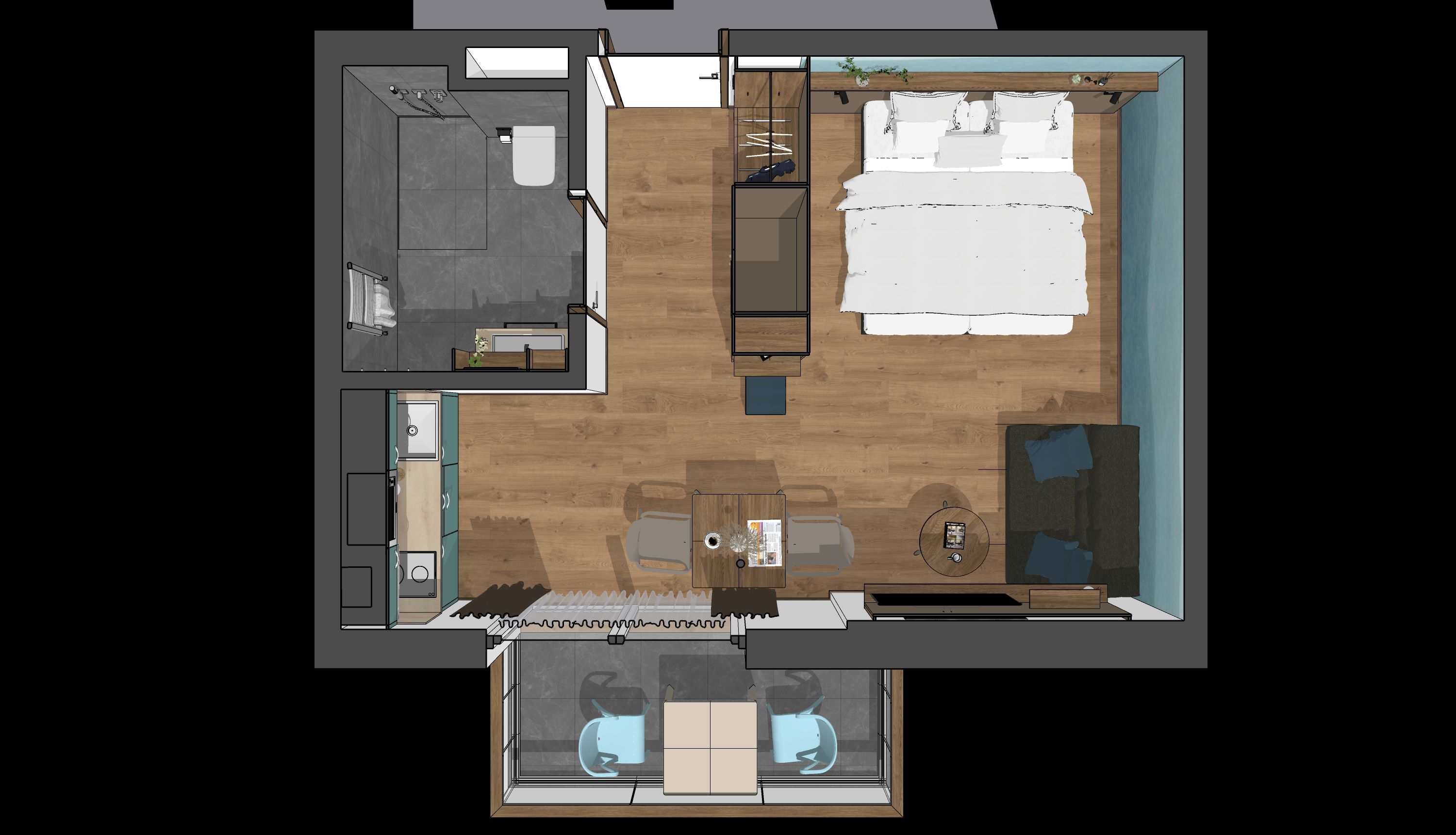 Grundriss einer modernen Einzimmerwohnung mit Bad, Küche, Wohn- und Schlafbereich.