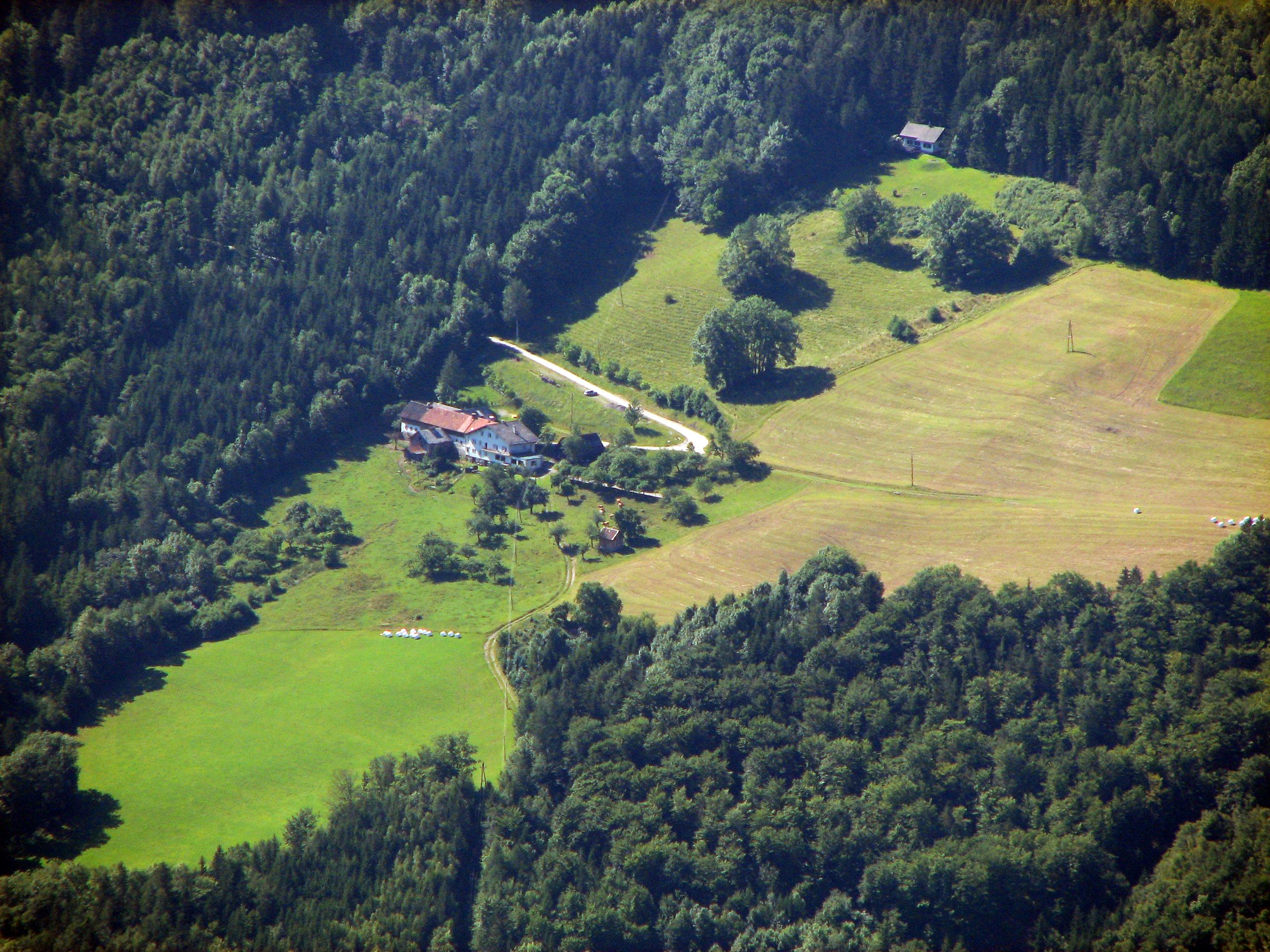 Luftaufnahme eines Bauernhofs inmitten von Wäldern und Wiesen.