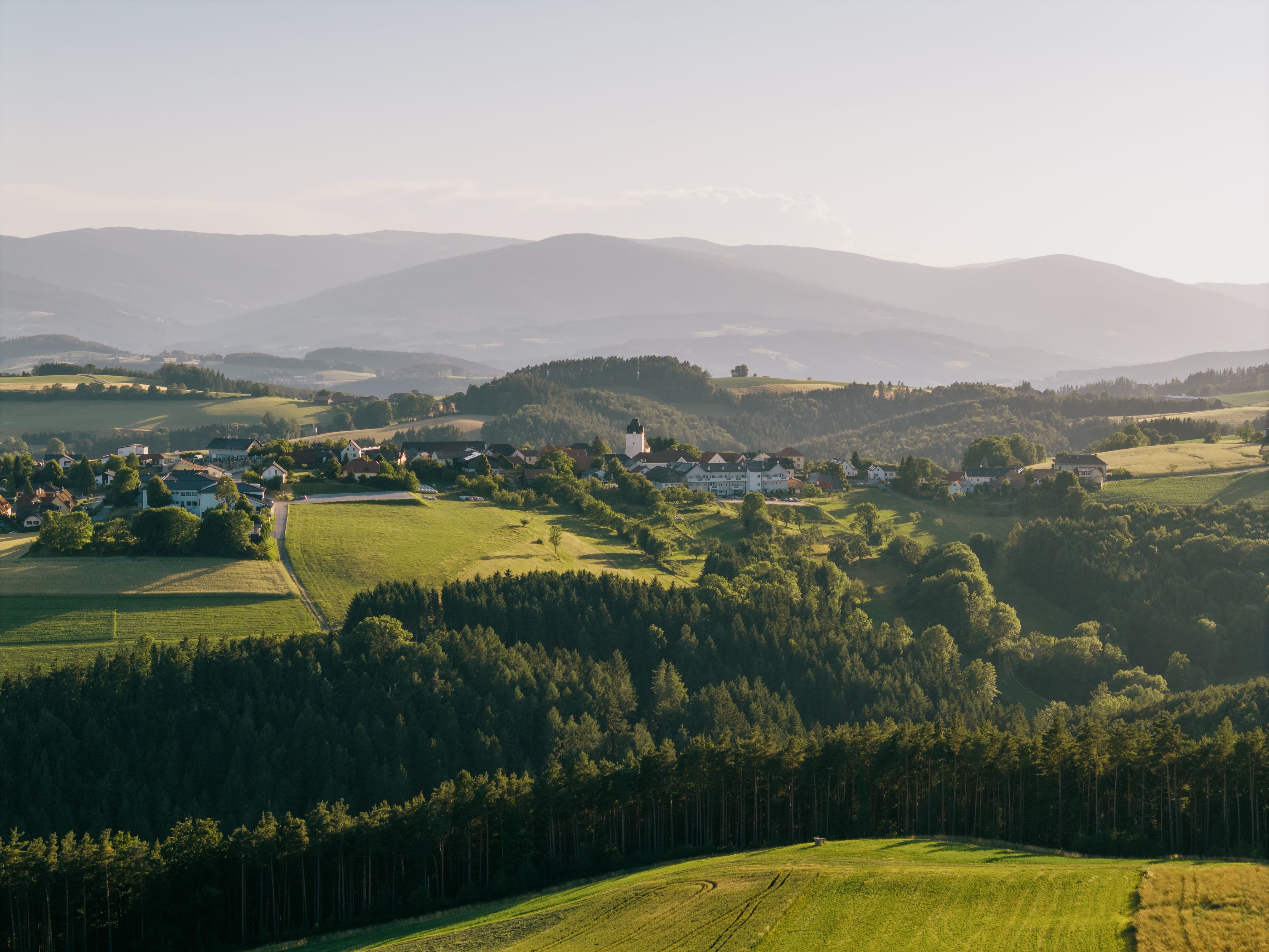 Landschaftsansicht von Lichtenegg in Pesendorf mit grünen Feldern und Wäldern im Vordergrund und Bergen im Hintergrund.