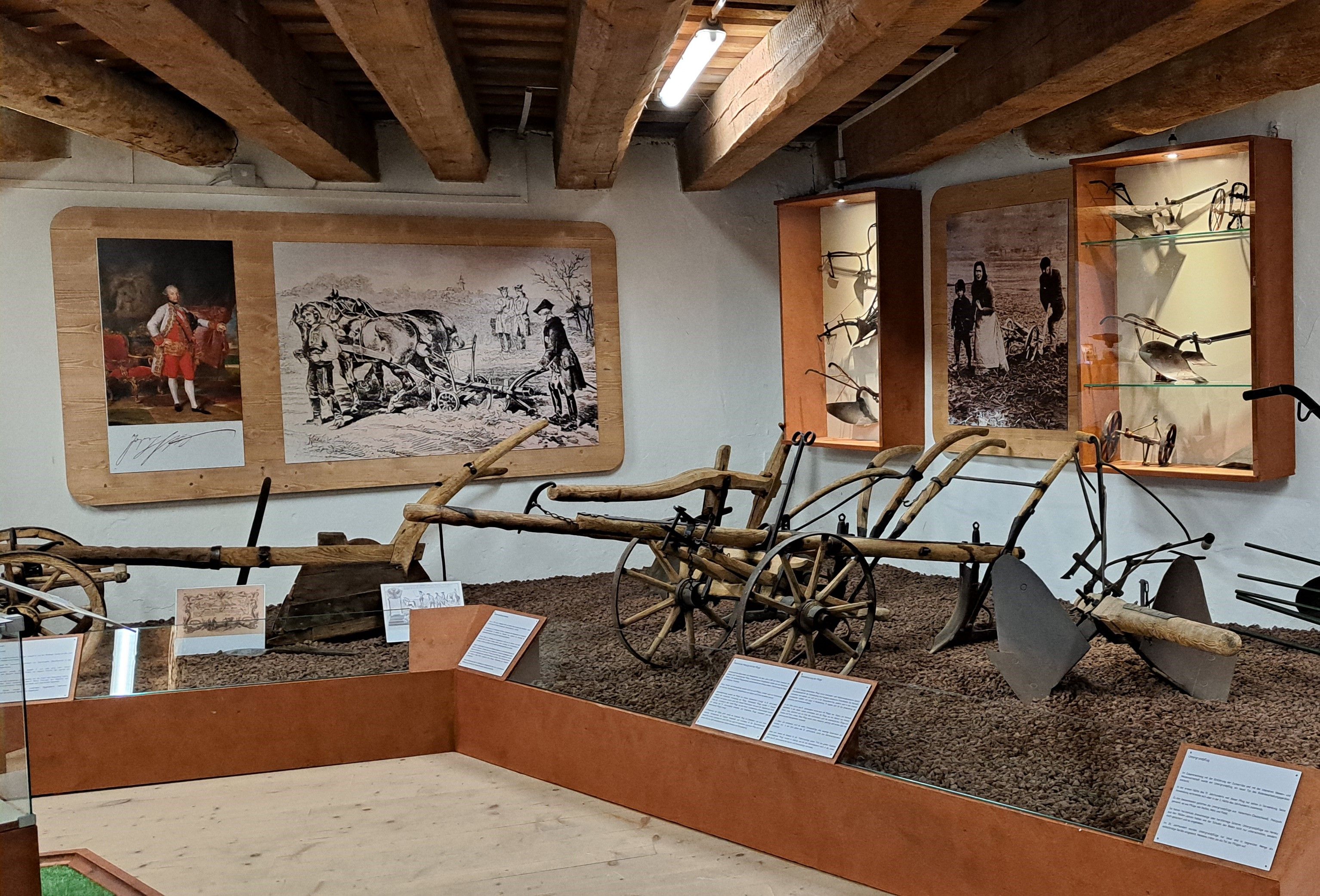 Historische Pflüge und landwirtschaftliche Werkzeuge in einem Museum ausgestellt.