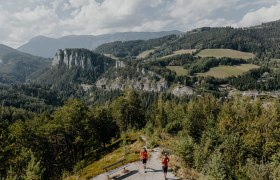 Blick auf die Pollereswand mit Viadukt, dem 20 Schilling Blick, Davor sind zwei Wanderer zu sehen.