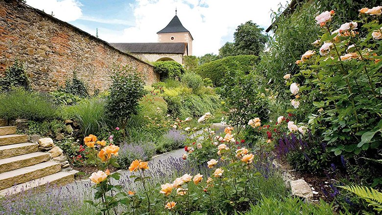 Ein bl&uuml;hender Garten mit Rosen und Lavendel vor einer alten Steinmauer und einem Turm im Hintergrund.