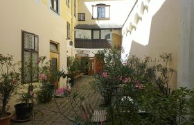 Ein sonniger Innenhof mit Pflanzen und Sitzgelegenheiten.