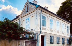 Au&szlig;enansicht einer historischen Villa mit verzierten Fenstern und einem Giebel.