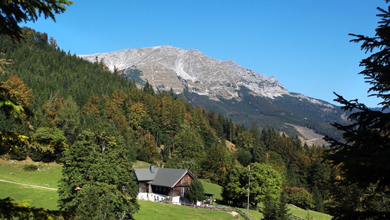 Berglandschaft im Naturpark &Ouml;tscher Torm&auml;uer mit Wald und H&uuml;tte im Vordergrund.