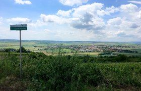 Landschaft mit Blick auf Ziersdorf und Wegweiser 'Lebens-Kraft-Weg'.