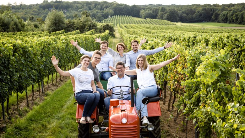 Gruppe von Menschen auf einem Traktor in einem Weinberg.