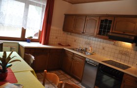 Küche mit Holzschränken, Spüle, Herd und Geschirrspüler. Fenster mit Gardine und Topfpflanze auf dem Tisch.