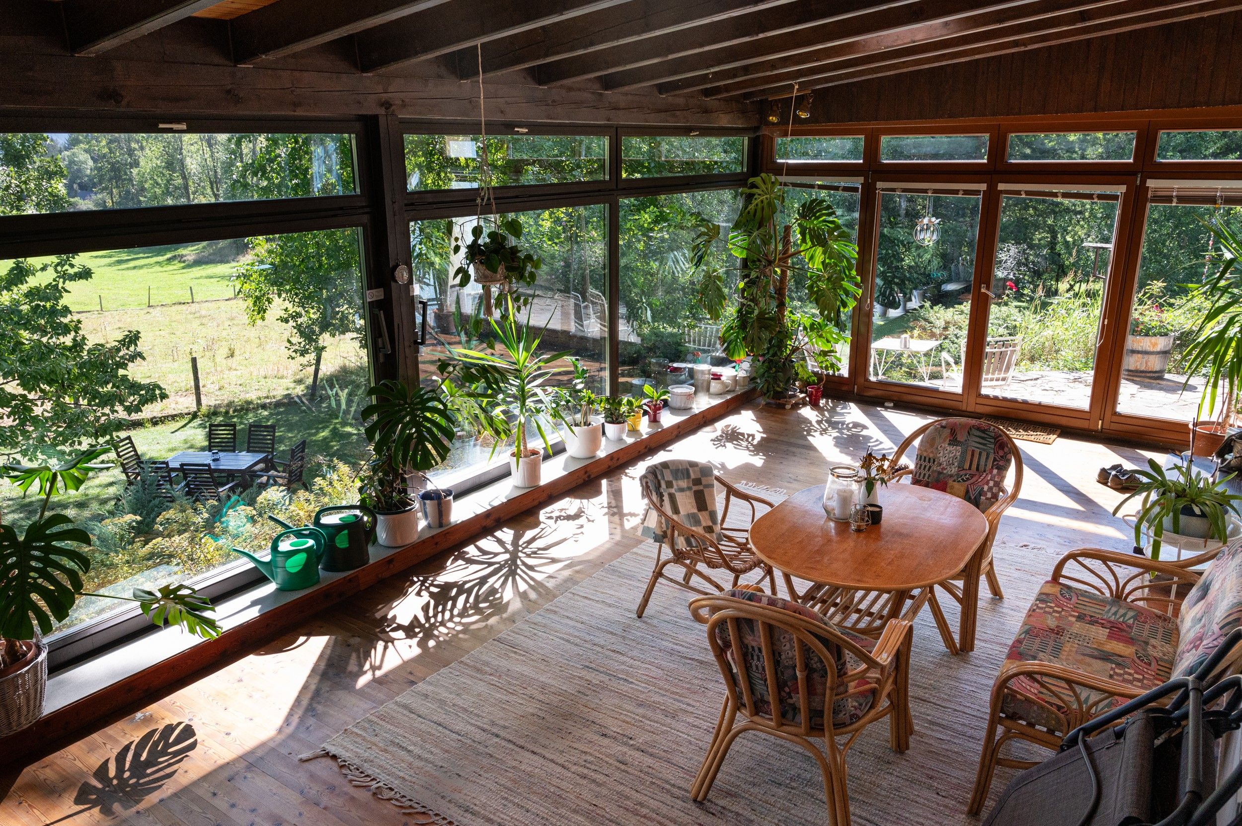 Wintergarten mit Pflanzen und Holzmöbeln, Blick auf Garten.