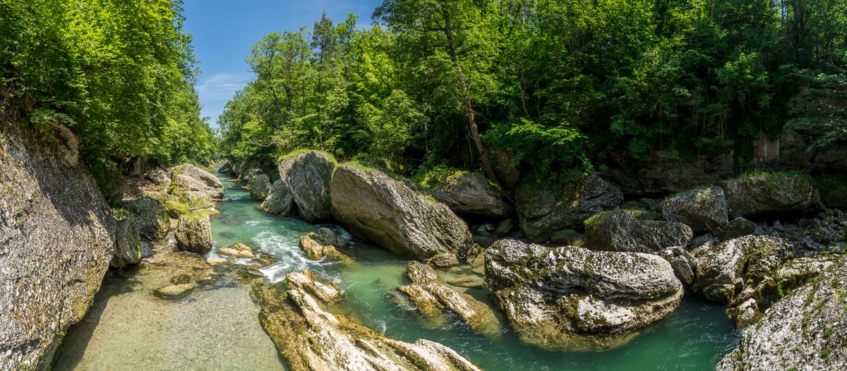 Panoramablick auf die Erlaufschlucht mit türkisfarbenem Fluss und großen Felsen, umgeben von dichtem Wald.