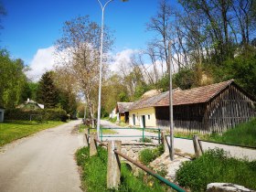 Ruhige Kellergasse mit traditionellen Kellern, umgeben von Gr&uuml;n und B&auml;umen.