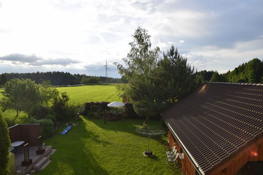 Garten mit Rasenfläche, Bäumen und einem Holzhaus bei sonnigem Wetter.