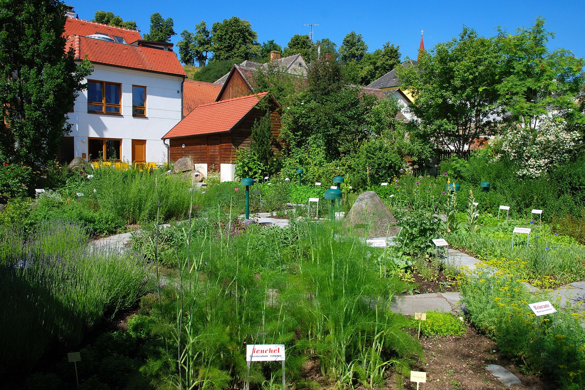 Kräutergarten mit Schildern und Gebäuden im Hintergrund.
