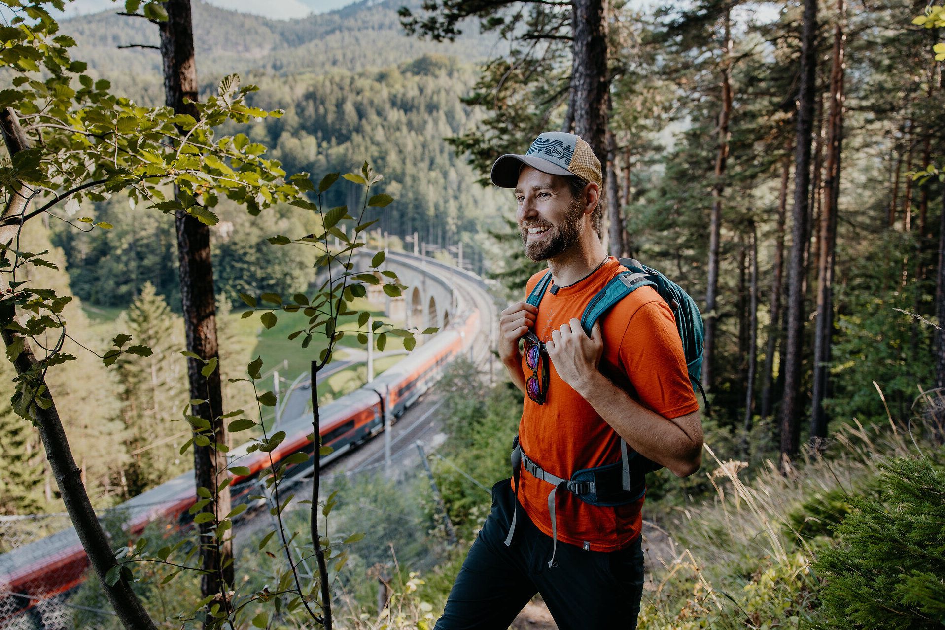 Ein Wanderer blickt auf einen Zug der gerade über ein Viadukt fährt