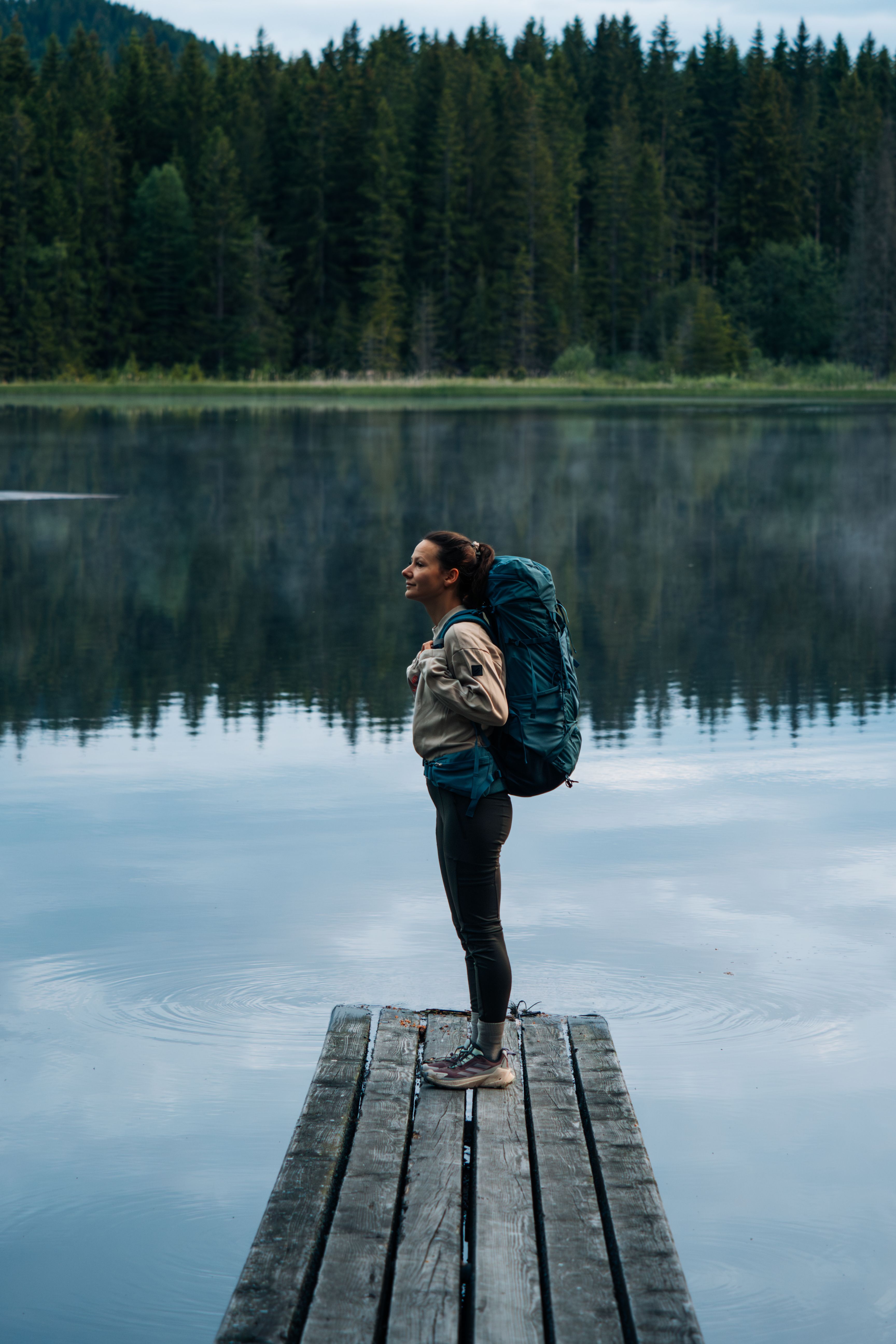Eine Luftaufnahme der Burgruine Dobra im Waldviertel, umgeben von dicht bewaldeten Hügeln und einem See bei Sonnenuntergang.