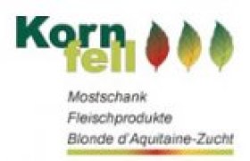 Logo der Mostschank Familie Kornfell mit Bl&auml;ttern und Text in gr&uuml;ner Schriftfarbe.