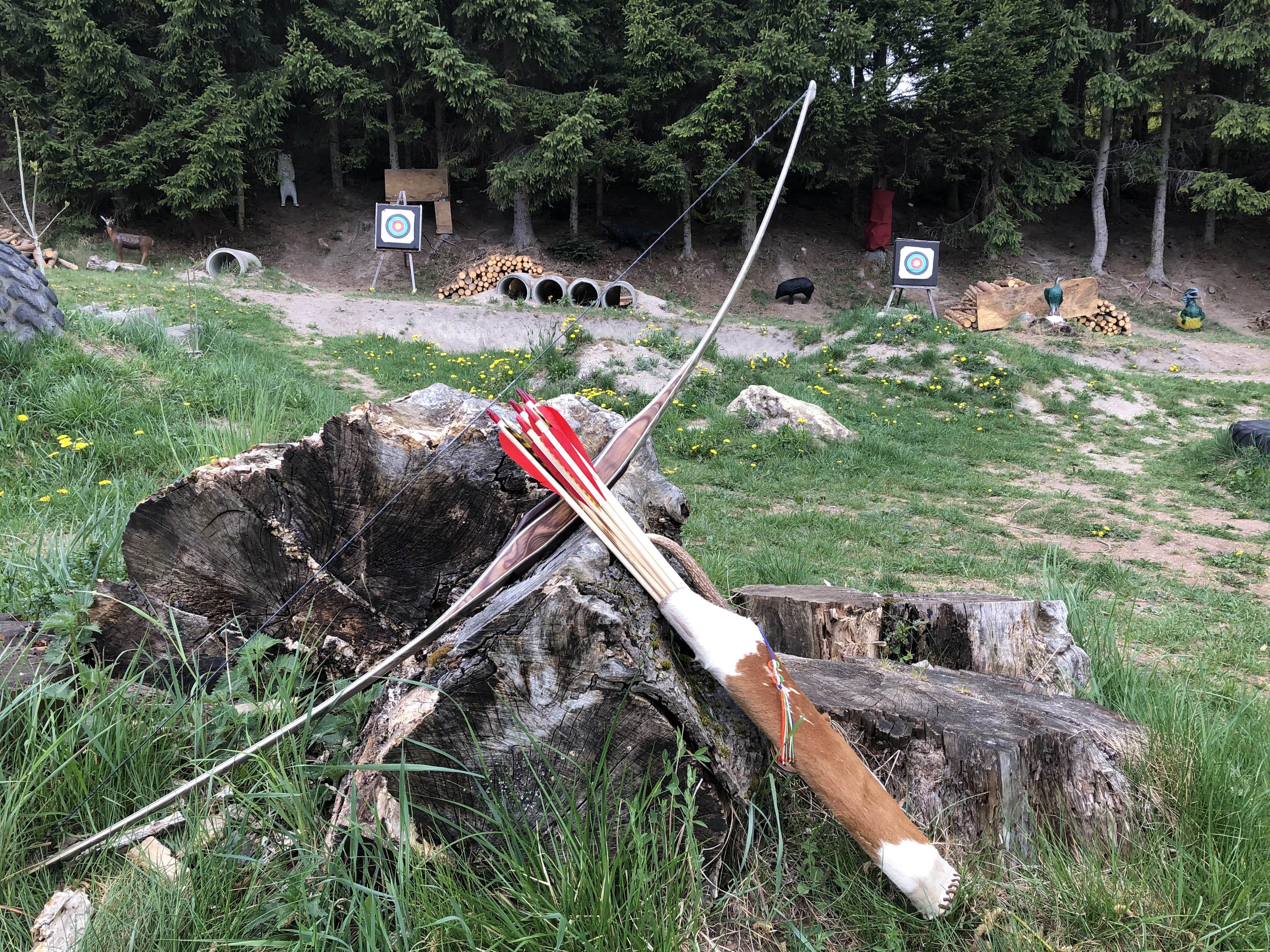 Ein Bogen und Pfeile liegen auf einem Baumstumpf vor einem Bogenparcours mit Zielscheiben und 3D-Tierattrappen im Wald.