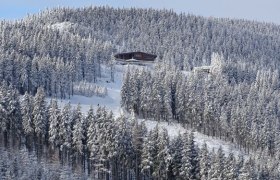 Verschneite Bergh&uuml;tte in einem dichten Wald auf einem H&uuml;gel.
