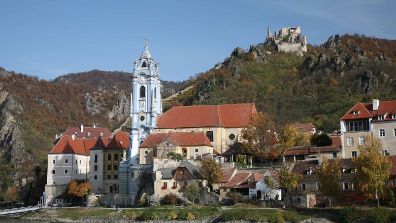 Panorama von Dürnstein mit Kirche und Burgruine auf einem Hügel.