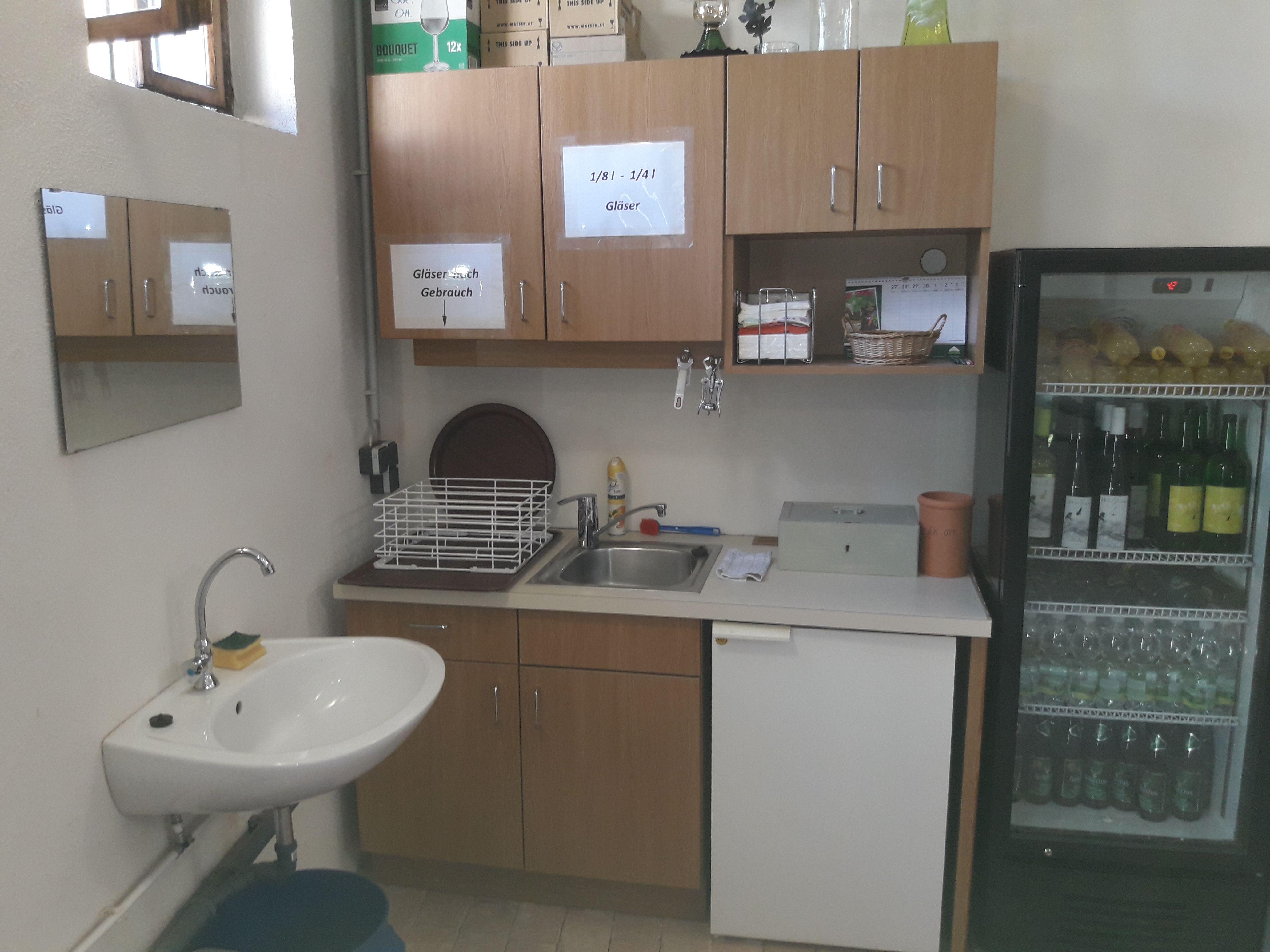 Kleine Küchenzeile mit Spüle, Kühlschrank und Getränkekühlschrank.