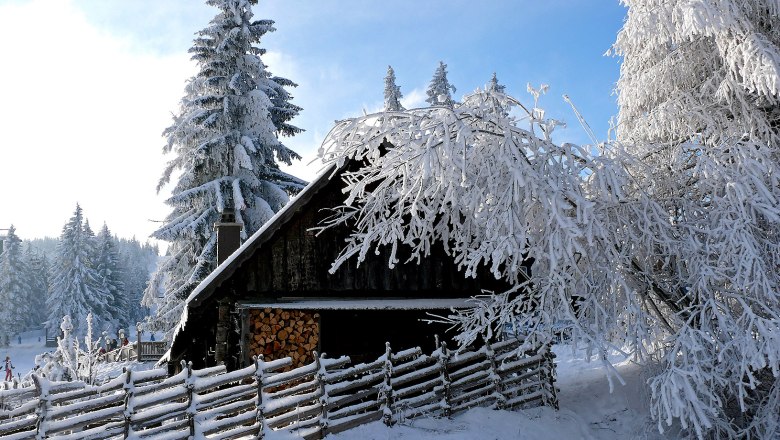 Verschneite Hütte in Mönichkirchen mit schneebedeckten Bäumen und Zaun.
