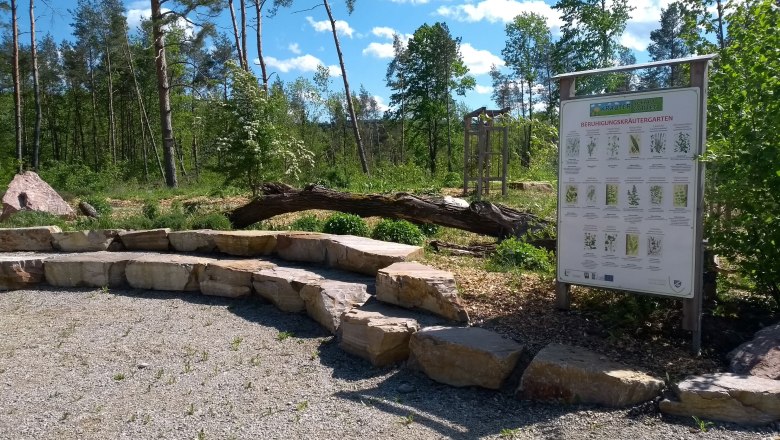 Ein Kr&auml;utergarten mit Steinsitzpl&auml;tzen und einem Informationsschild in einem Waldgebiet.