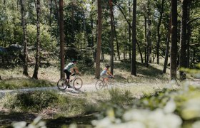 Zwei Personen, umgeben von Wald und Steinen, die mit ihren R&auml;dern durch die Natur fahren