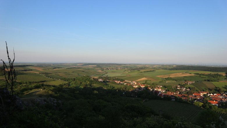 Panoramablick von der Burgruine Falkenstein auf eine weite, gr&uuml;ne Landschaft mit Feldern und einem Dorf.