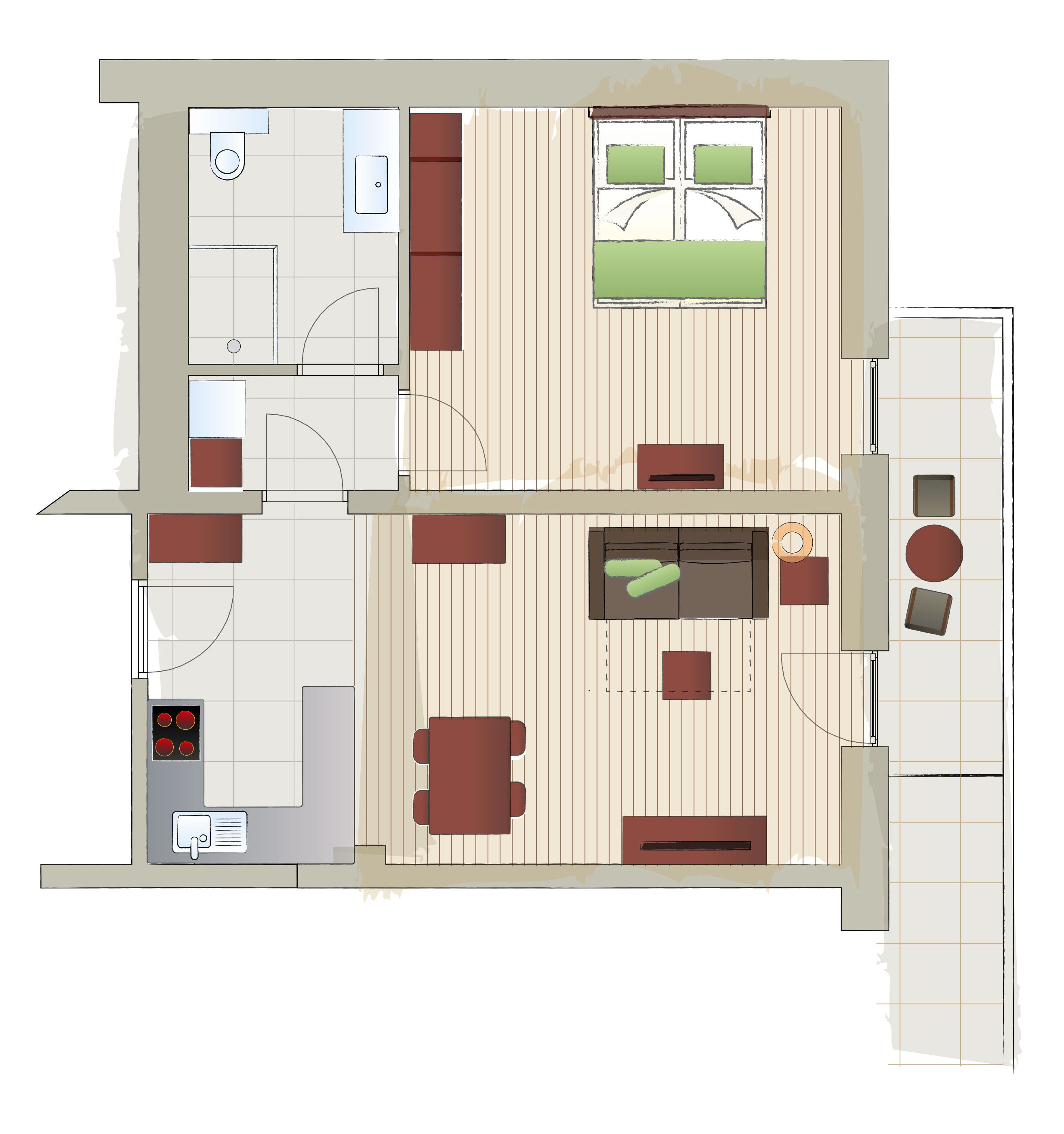 Grundriss einer Wohnung mit Schlafzimmer, Wohnzimmer, Küche, Bad und Balkon.