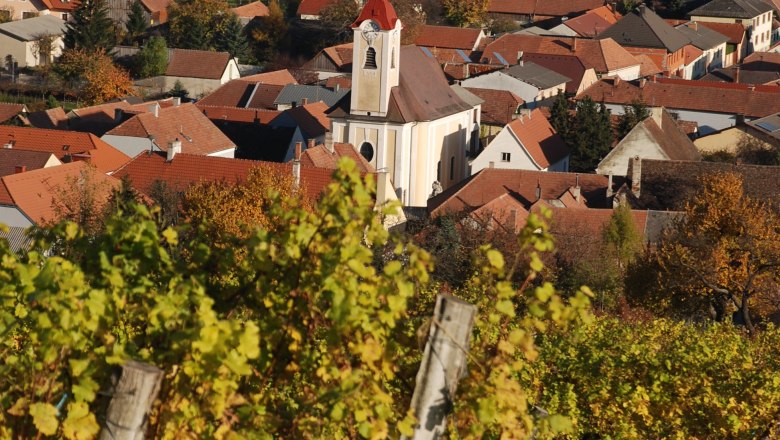 Blick auf eine Kirche in einem Dorf, umgeben von Weinbergen im Herbst.