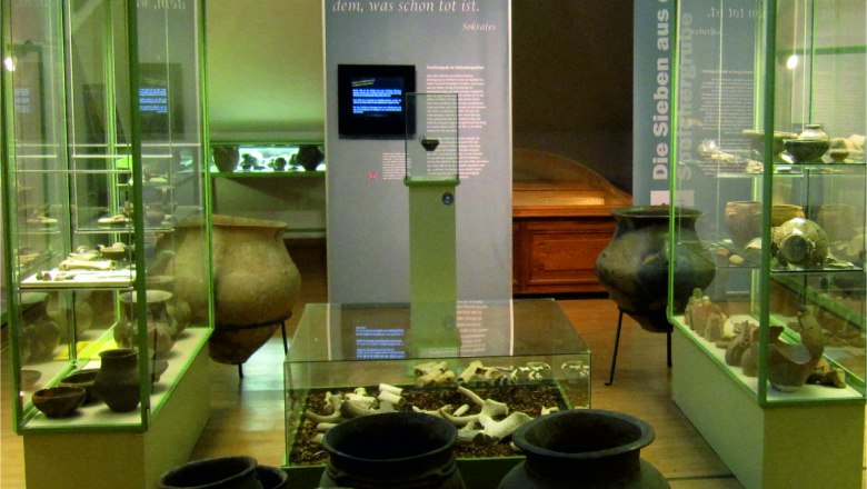 Museumsausstellung mit antiken Tongef&auml;&szlig;en und Vitrinen.